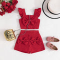 european and american cross-border ins hot-selling fashion flutter sleeve top with bow + bowknot skirt set