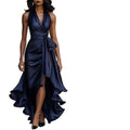 New european and american independent website style: cross-border satin v-neck sleeveless ruched waist ruffle hem elegant dress