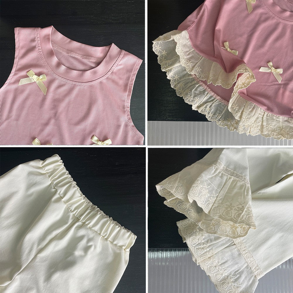 summer new girls' sleeveless tank top set - bowknot lace princess style two-piece outfit - korean style sweet