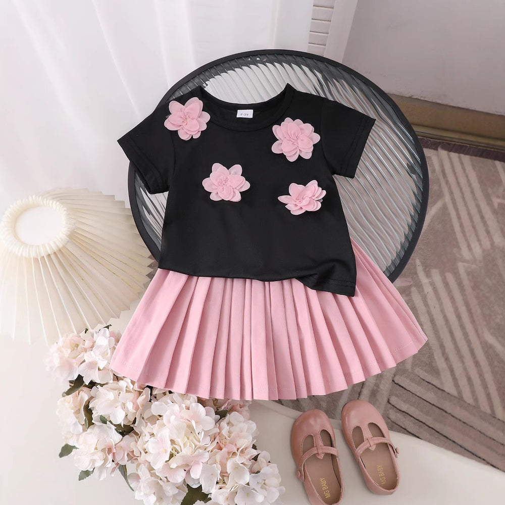 Amazon cross-border european and american girls' summer outfit: floral appliqué short-sleeve t-shirt and princess pleated skirt set