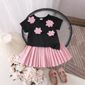 Amazon cross-border european and american girls' summer outfit: floral appliqué short-sleeve t-shirt and princess pleated skirt set