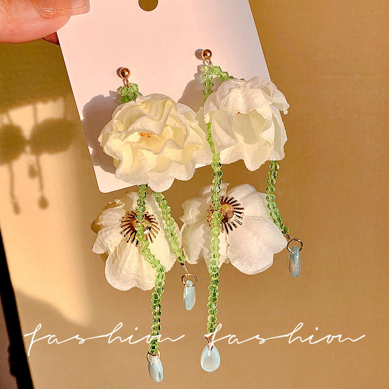 Super fairy white flower beaded tassel earrings for women classy atmosphere exaggerated earrings summer seaside photo accessories