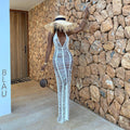 sourcing: new women's beach knit maxi dress - sexy sheer deep v-neck halter tie-up bodycon dress