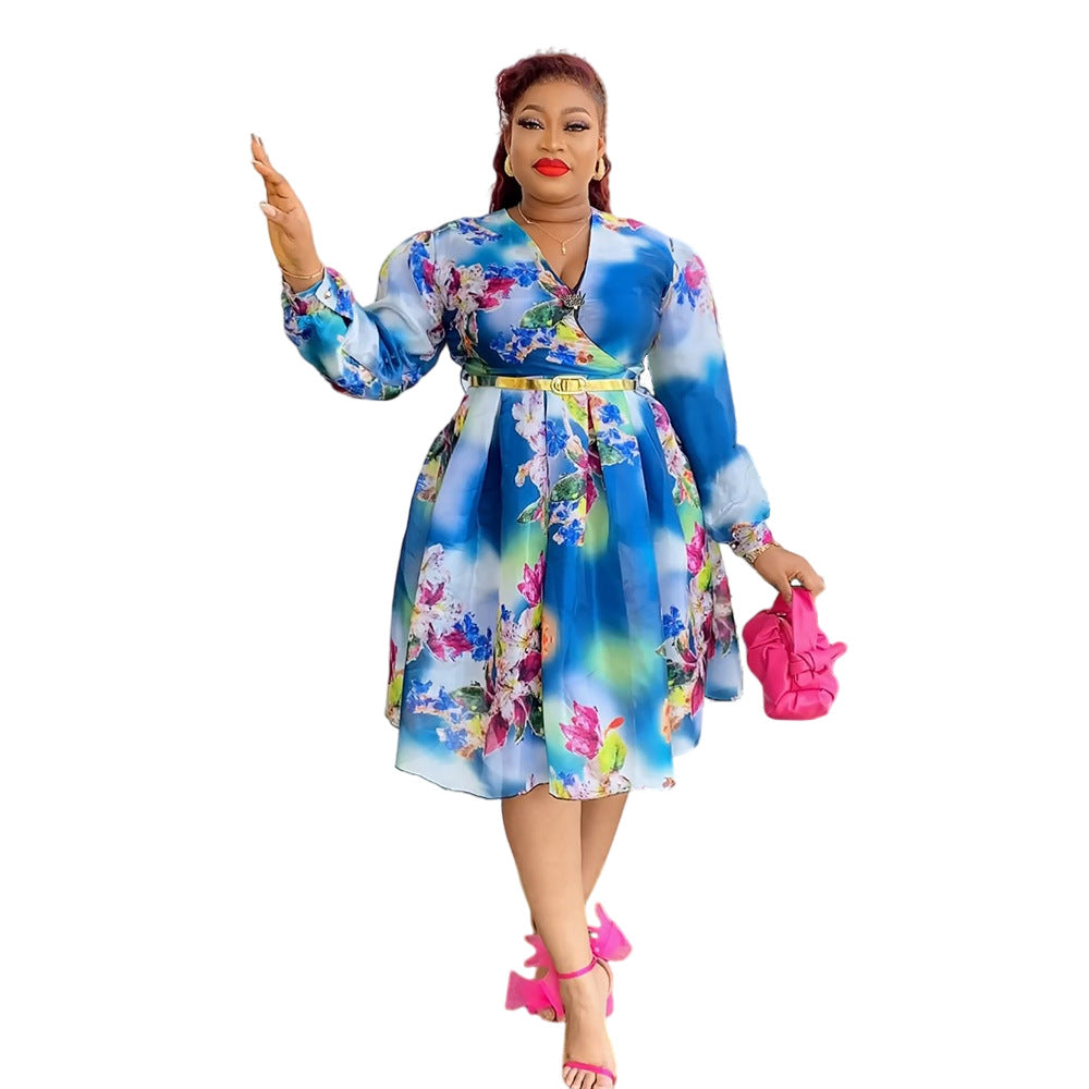 African  spring/summer new arrivals:  cross-border e-commerce women's plus size v-neck printed dress with belt