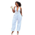European and american women's clothing  autumn new sweet and fresh striped halter neck high waist slimming tapered leg jumpsuit pants