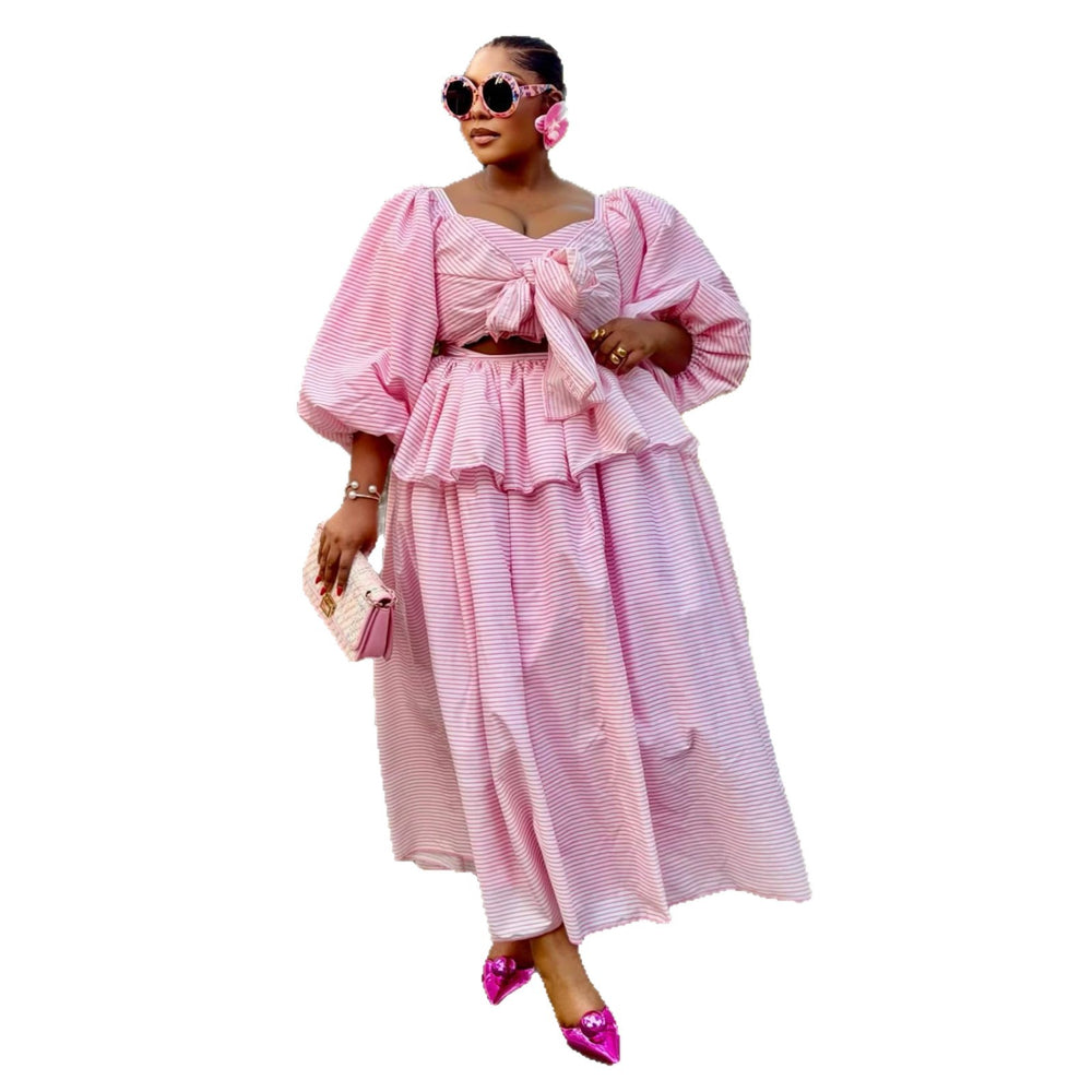 European and american cross-border women's clothing  summer new sweet and cute striped puff sleeve top and high-waisted midi skirt set