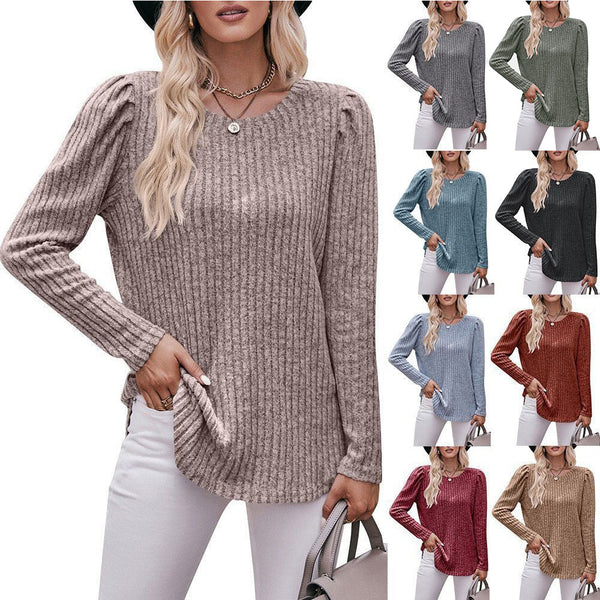 2023  new women's clothing,  women's round neck bubble sleeve polished pit strip solid color top long sleeve T-shirt