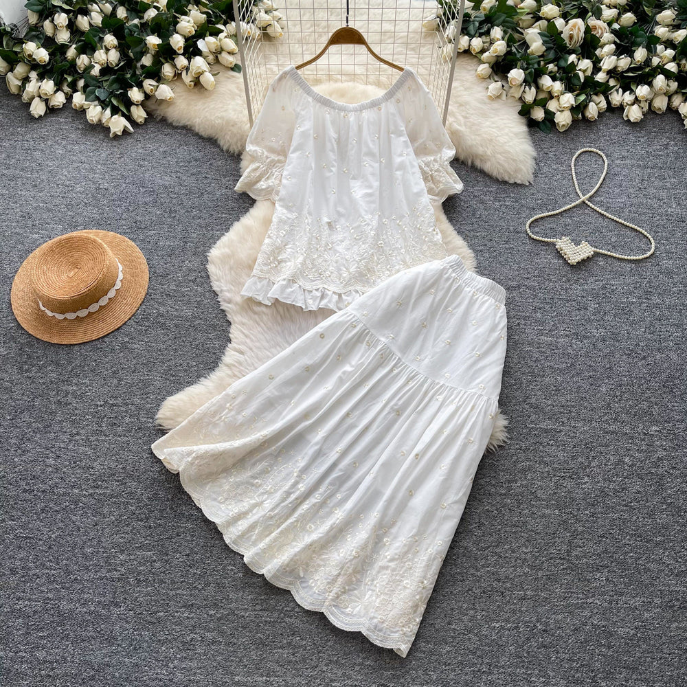 Heavy embroiderflower vest skirt elegancesuit women's summerslimming looklooseeleganttwo-piece setwork clothing style