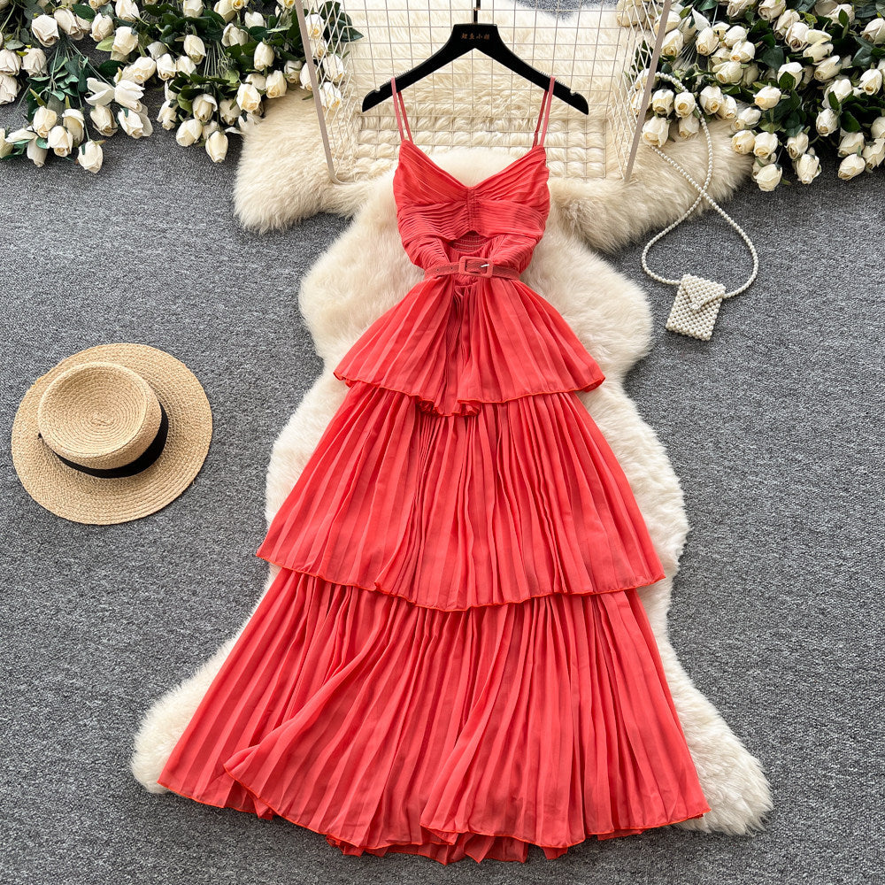 Red suspender layered pleated dress women's summer french holiday style waist ruffles cake skirt slimming look long skirt