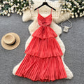 Red suspender layered pleated dress women's summer french holiday style waist ruffles cake skirt slimming look long skirt