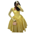 European and american cross-border women's fashion:  summer new arrival - elegant square neck tie-strap long sleeve yellow midi dress