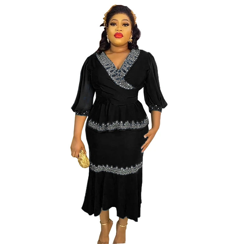 V-neck, waist-cinching, mid-sleeve top and midi skirt set with hot-fix rhinestones and bead embellishments – trendy african women's clothing, cross-border wholesale, special price