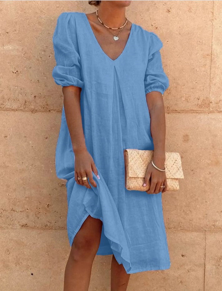 european and american cross-border   cotton linen solid color fashion mid-length long sleeve casual midi dress