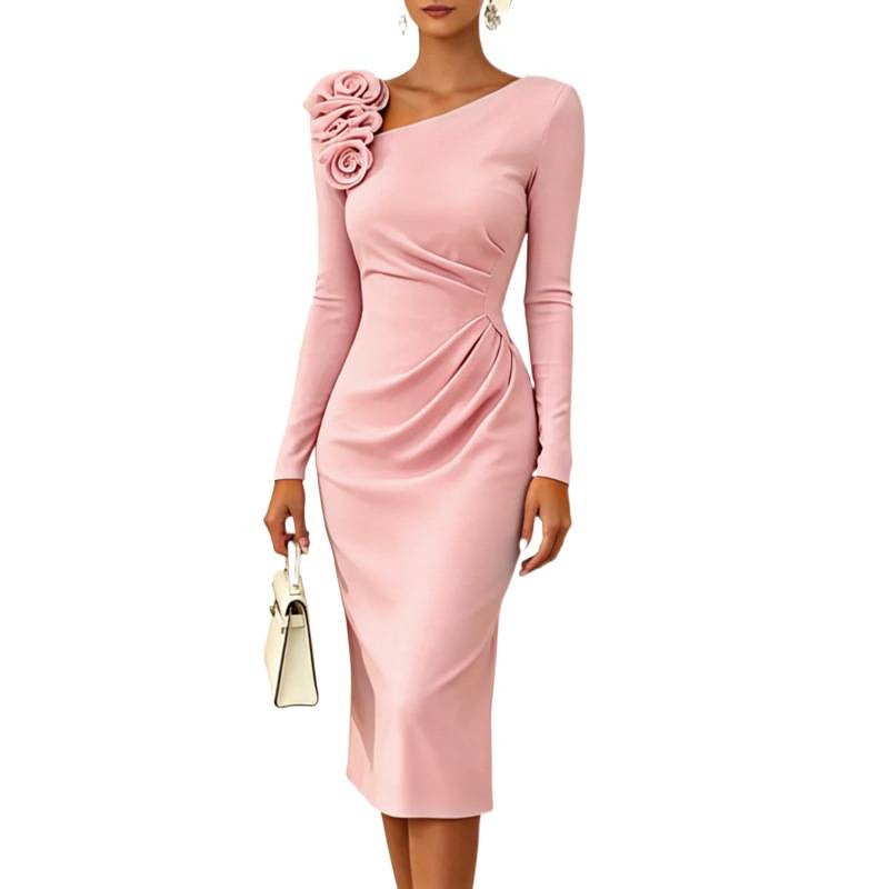 Shipped. european and american cross-border solid color floral embellished ruched waist long sleeve dress, evening gown