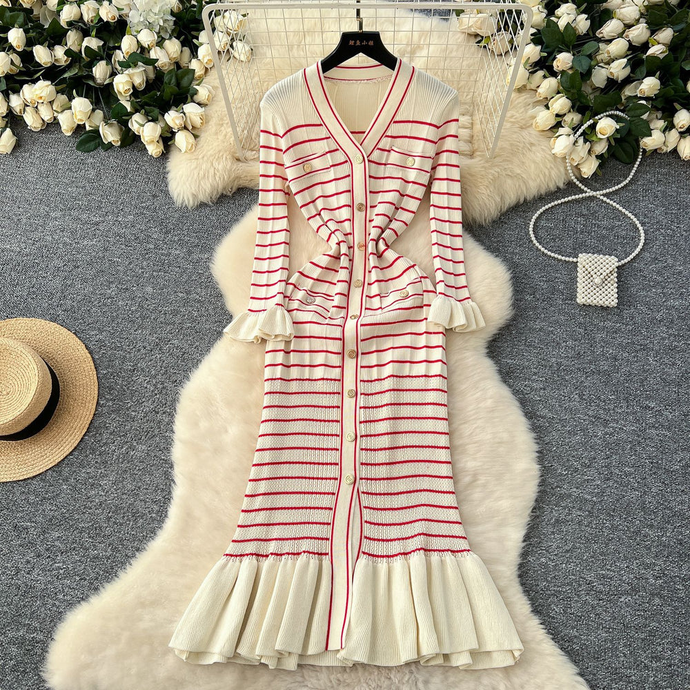 Elegant v-neck striped knit dress for women - perfect for cross-border e-commerce: autumn/winter, slim fit, ruffled hem, and stretchy