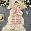 Elegant v-neck striped knit dress for women - perfect for cross-border e-commerce: autumn/winter, slim fit, ruffled hem, and stretchy