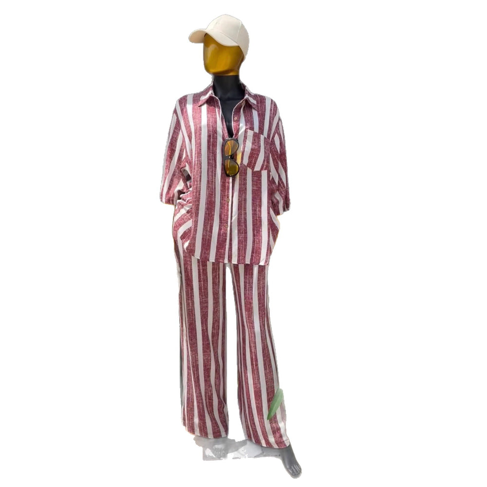 European and american cross-border women's fashion:  summer new collection - stylish turn-down collar loose striped shirt & high-waisted trousers casual set