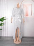 Aliexpress new year party evening dress african women's plus size cross-border fashion sequin rhinestone slit dress