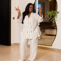 Plus size women's clothing for europe, america, and africa:  summer new arrivals - fashionable casual striped loose-fit shirt and high-waisted pants set