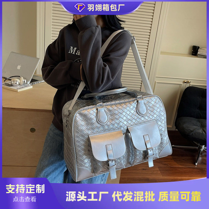 Cross-border short-distance travel bag Women's woven pattern Simple hand luggage bag Going out Large capacity sports fitness messenger bag