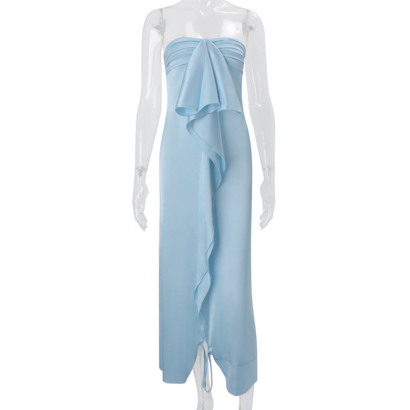 European and american women's clothing  summer new fashion elegant high-end satin slit off-the-shoulder bandeau dress