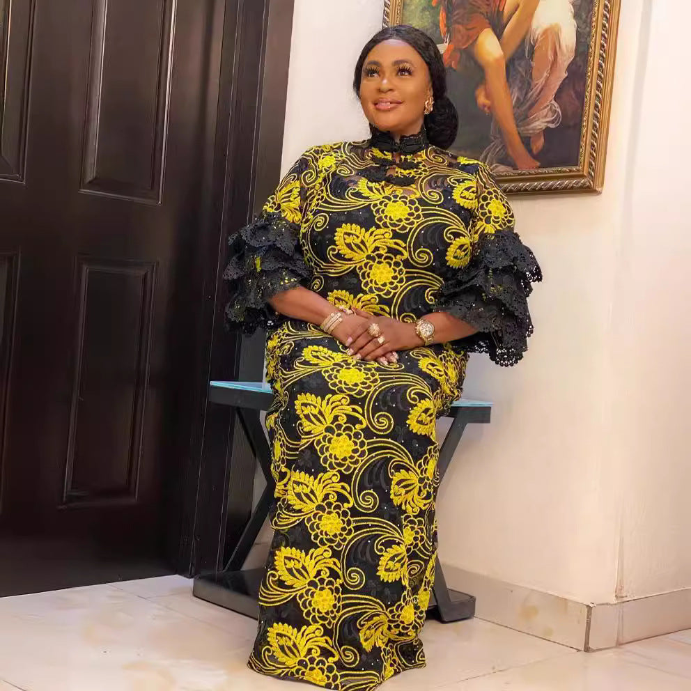 African women's lace robe - cross-border supply, elegant commute style, embroidered cake sleeves, loose fit maxi dress