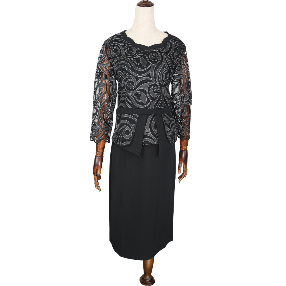 African women's mid-length dress -  &  - round neck printed office lady (ol) commute solid color two-piece dress set