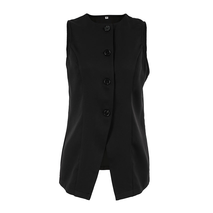 Europe, America summer commuter black crew neck cardigan vest women's design sense slim waist vest  workplace women's clothing