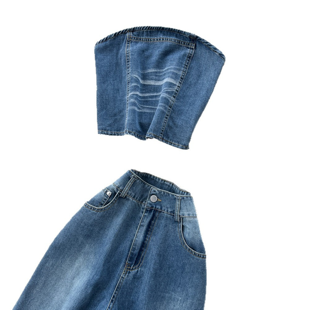 Retro denim casualcasual light mature style two-piece set women's summerhigh waistloose pantsslimming lookstraight-leg vest suit