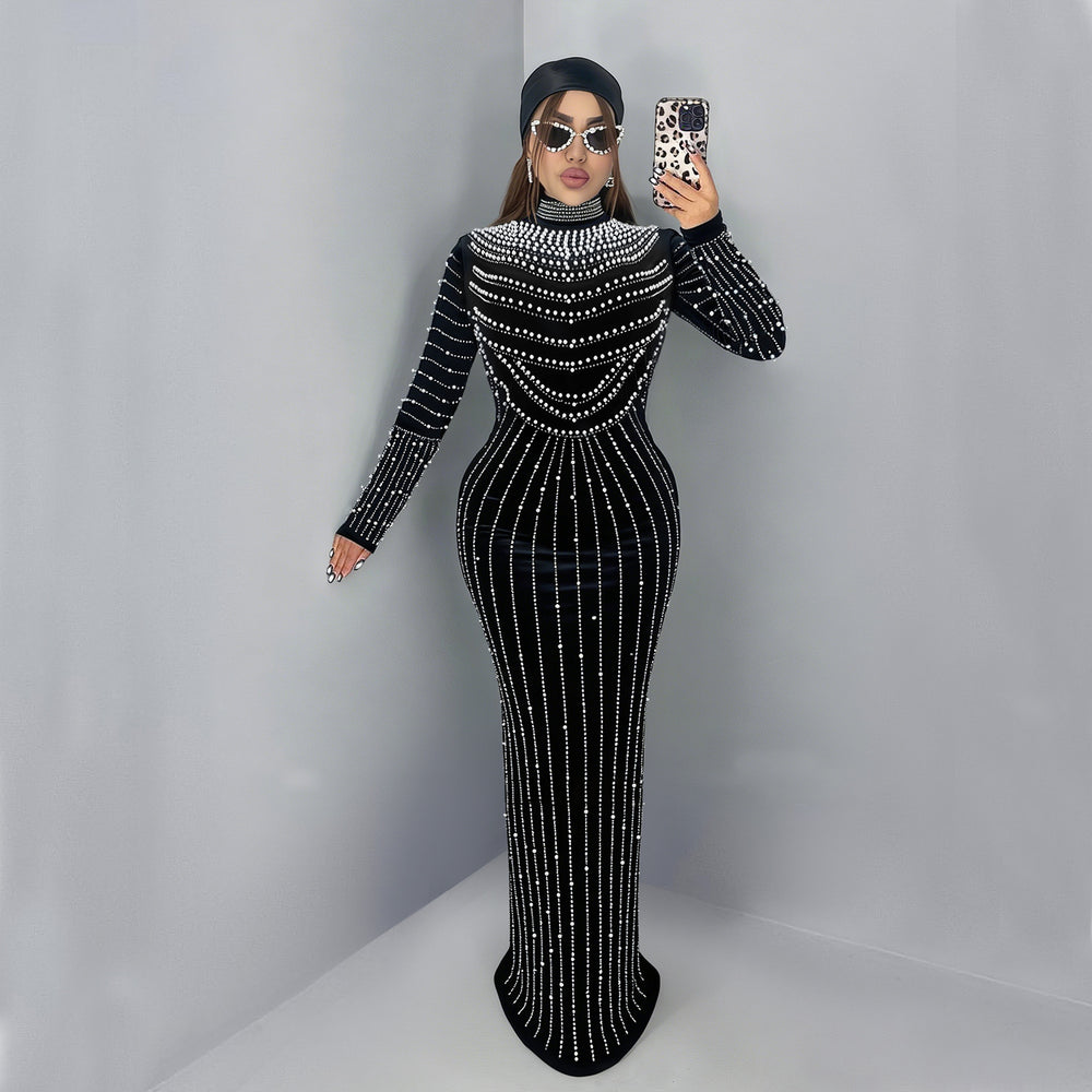 C7617 cross-border   fashion women's elegant velvet rhinestone long sleeve dress