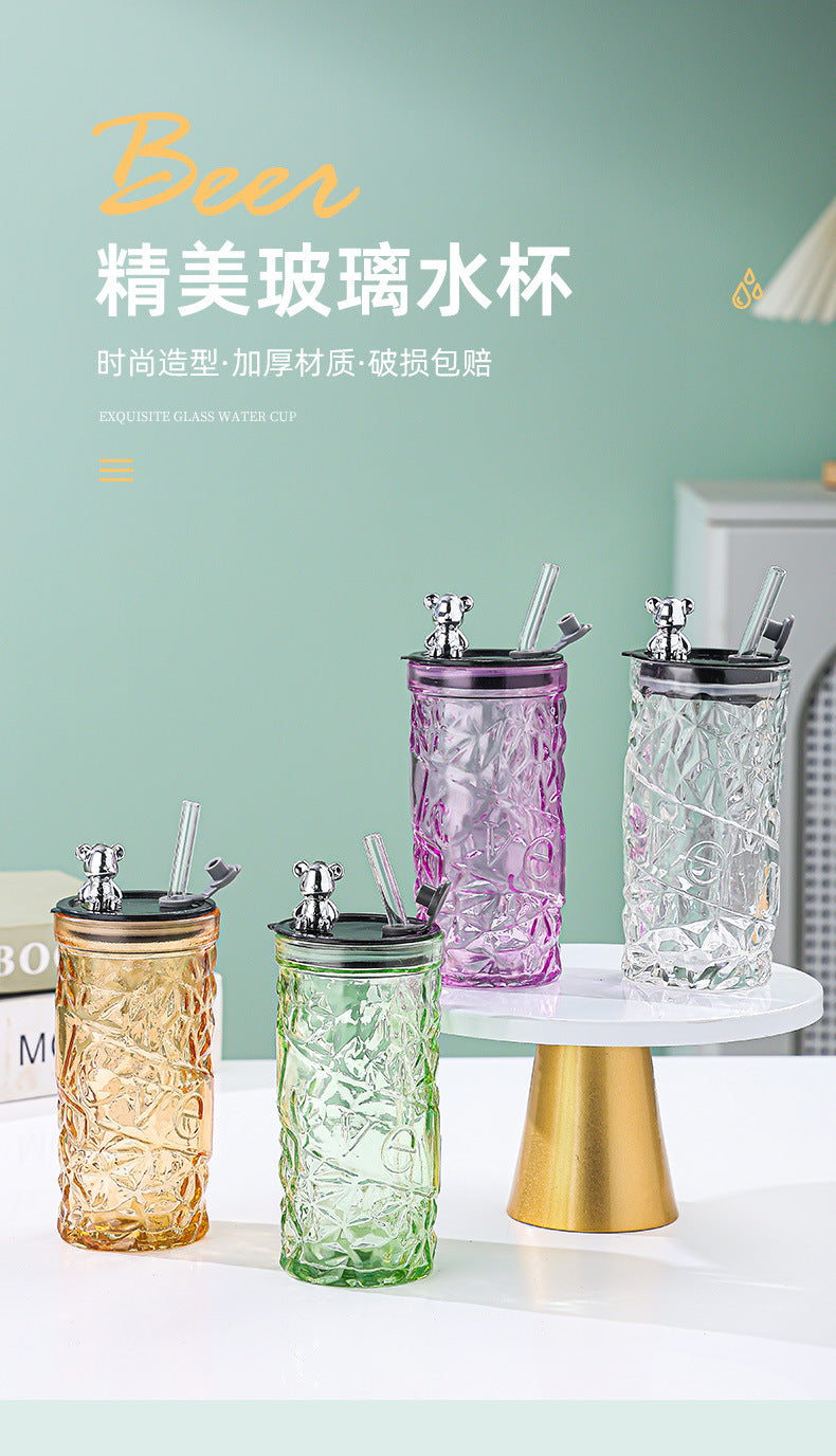 Diamond bear straw cup glass with lid - trendy, high-value gift cup - personalized small gift cup