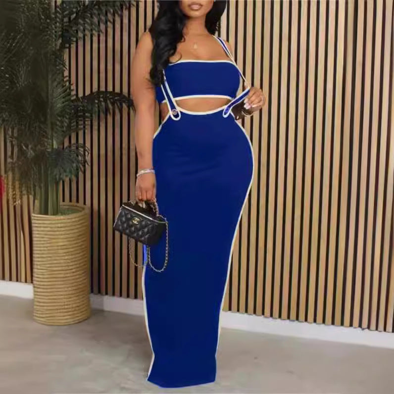 Sexy tube top and suspender hollow long dress set European and American  new fashion belly slim suit