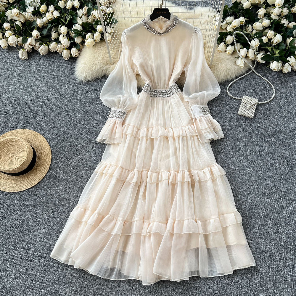 Elegant women's dress  new french style heavily embellished diamond-studded stand collar flared sleeve cinched waist ruffle hem maxi dress