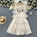 Elegant women's dress  new french style heavily embellished diamond-studded stand collar flared sleeve cinched waist ruffle hem maxi dress