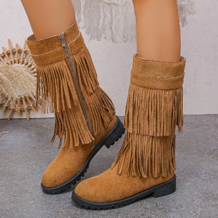 Cross-border large-size boots for women, autumn and winter fringed European and American wind side zipper, retro wind rivet knight boots for women