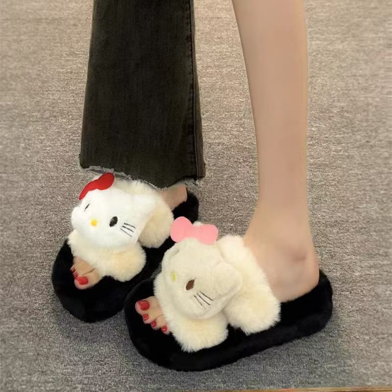 New arrival high-looking kt cat fur slippers flip-flops 2025fall and winteroutwear soft thick bottom non-slip cute cartoon