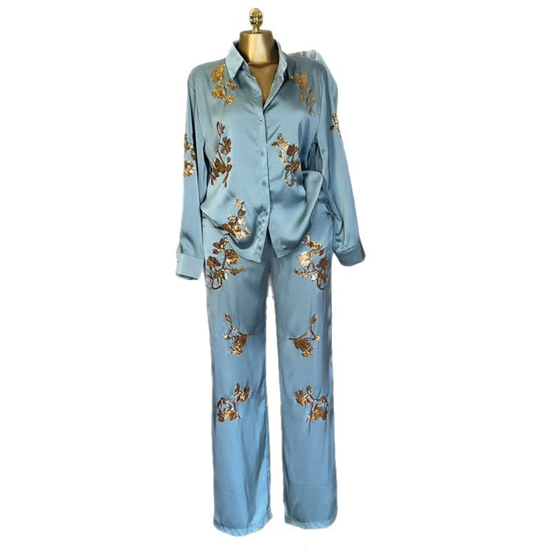 European and american cross-border women's fashion:  autumn new collection - stylish turn-down collar long-sleeve shirt and high-waisted pants set
