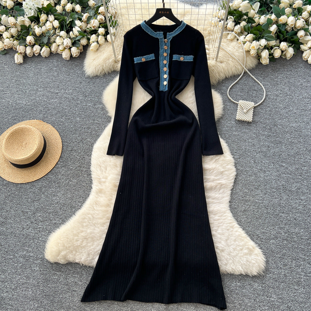 French chic color block knit dress with metal buckle detail - round neck, long sleeves, and cinched waist