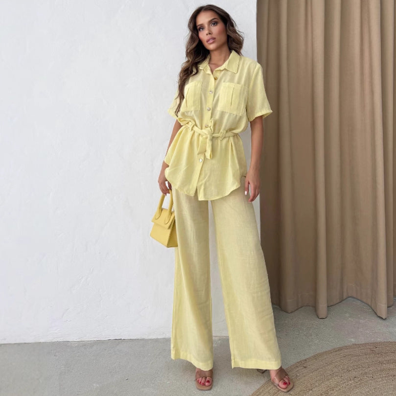 Cross-border European and American women's clothing lapel slim strap cardigan shirt high waist wide leg trousers  solid color two-piece set women