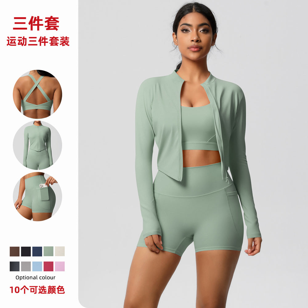 High-waisted brushed fleece tight pocket yoga set - cloud-soft quick-dry activewear three-piece outfit for outdoor leisure, running, and fitness