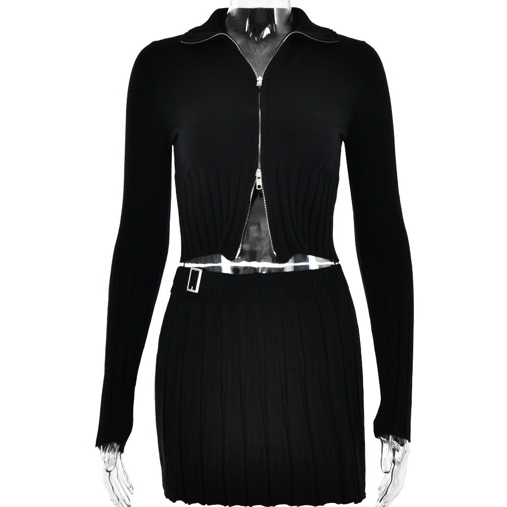 European and American  autumn and winter knitted new cardigan long-sleeved two-piece set women's fashion sexy pleated skirt short skirt set