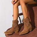 new women's short western cowboy boots - suede, chunky heel, pointed toe, v-cut, slimming, british style, retro ankle boots