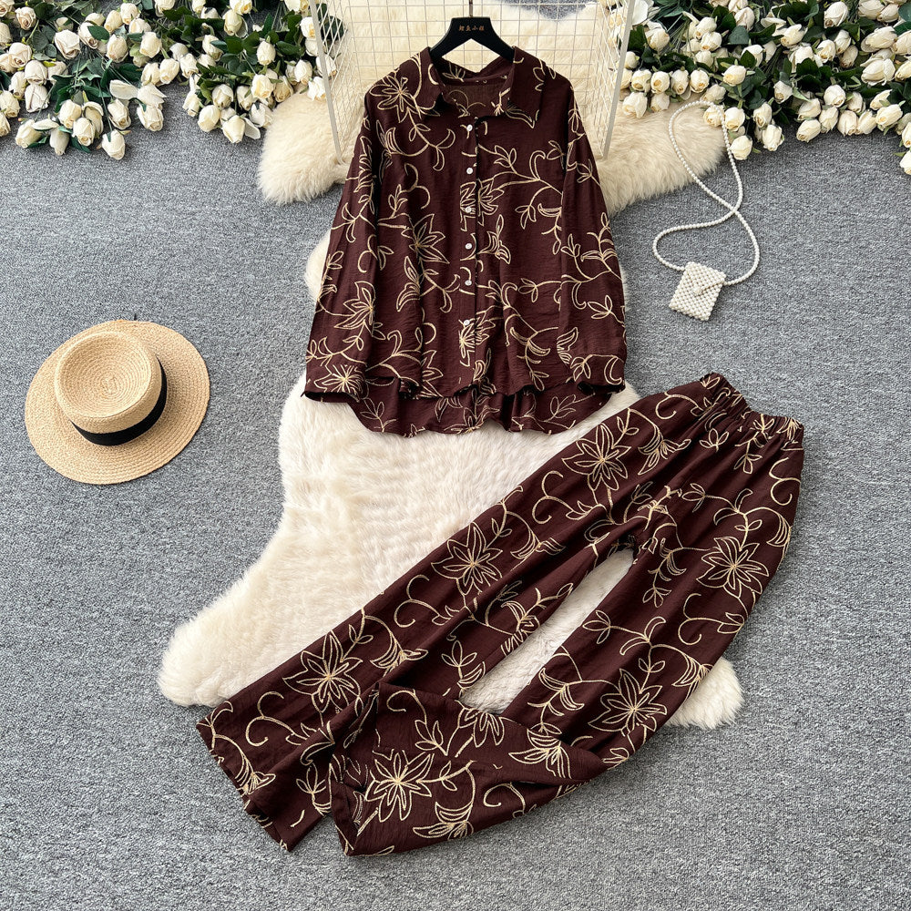 Light mature style leaf embroidercardiganloose pantstwo-piece set for women autumslimming lookeasiest for matchwork clothing stylesuit