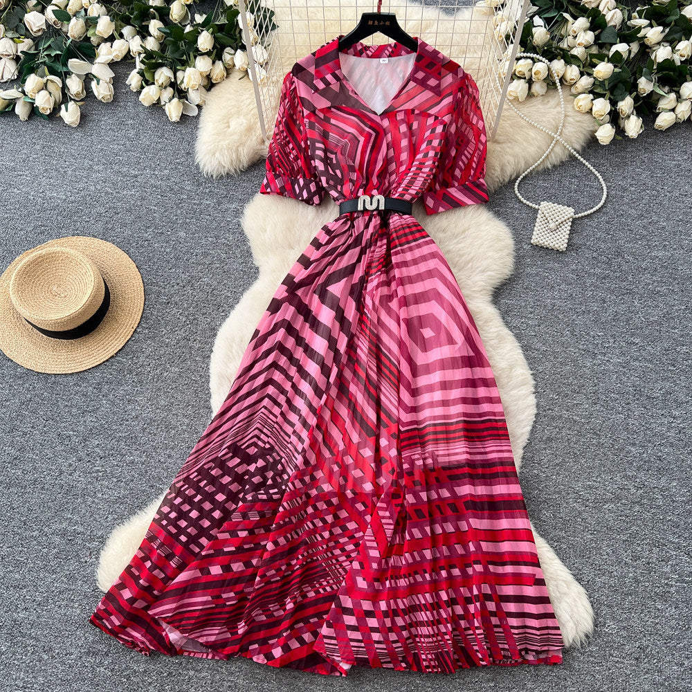 Korean style v-neck geometric print dress - women's spring  short sleeve, slim fit, a-line maxi dress - commute chic