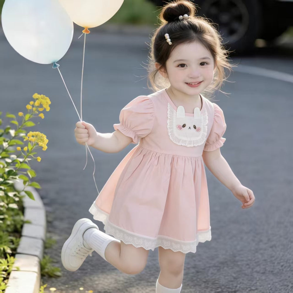 【dropshipping】girls' summer dress - round neck, cartoon lace trim, infant/toddler summer clothing, children's wear, baby clothes