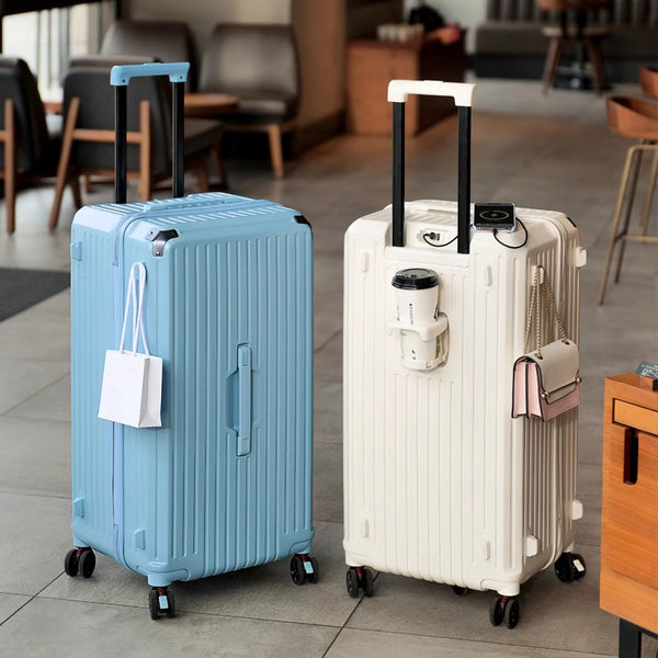 Charging with cup holder, five wheels high face, large capacity  women's suitcase, universal wheel brake shock absorption men's suitcase