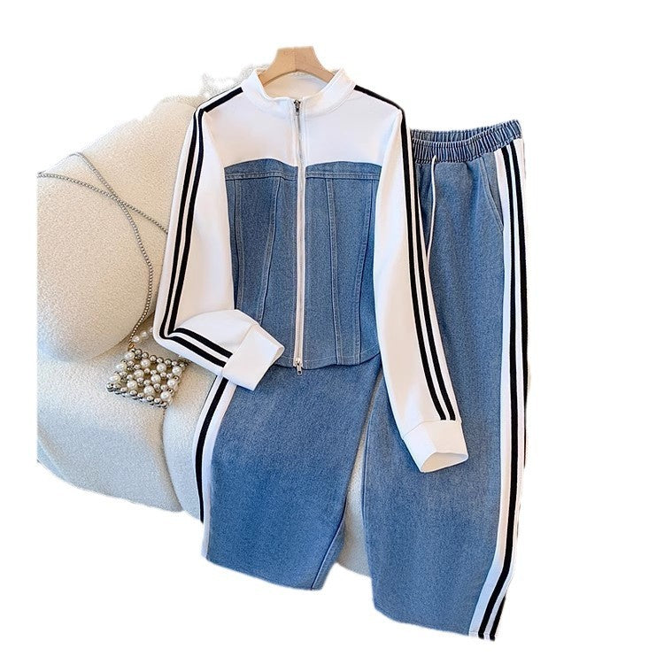 Fashionable zipper denim two-piece set - spring/autumn 2025 new collection: denim patchwork long-sleeve top & wide-leg pants
