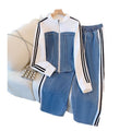 Fashionable zipper denim two-piece set - spring/autumn 2025 new collection: denim patchwork long-sleeve top & wide-leg pants