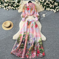 Elegant and chic printed set for women: european and american style lantern sleeve button-down blouse + high-waisted flared midi skirt