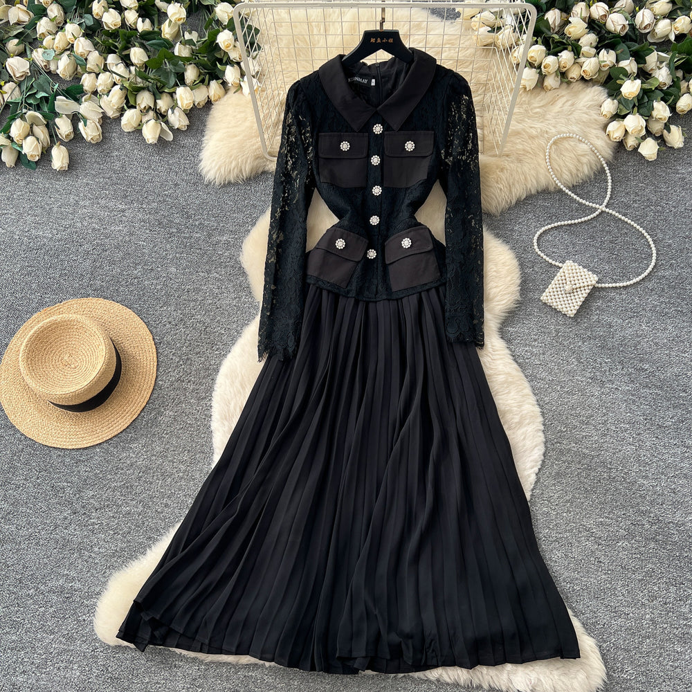 French chic red peter pan collar lace patchwork dress - women's  autumn commute elegant pleated skirt